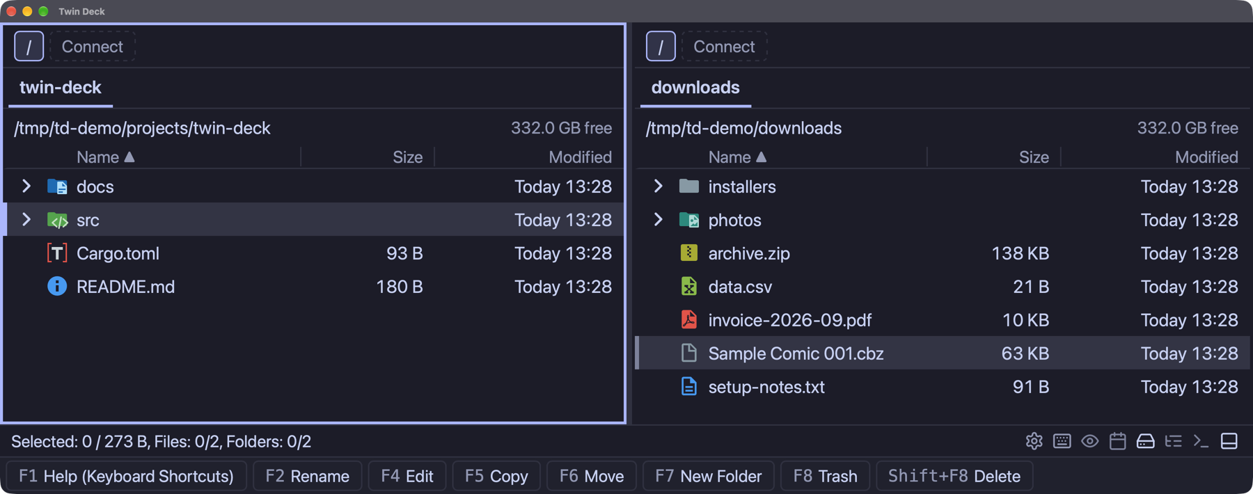 Twin Deck showing a project folder on the left and Downloads on the right